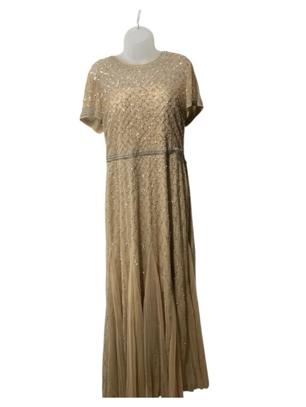 Adrianna Papell Champagne Beaded Gown Embellished Formal Gala Short Sleeve 18